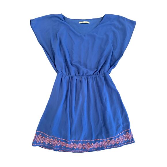 Miami Women’s Blue Boho Boutique Shift Dress Small Embroidered Hem Elastic Waist - Picture 2 of 9